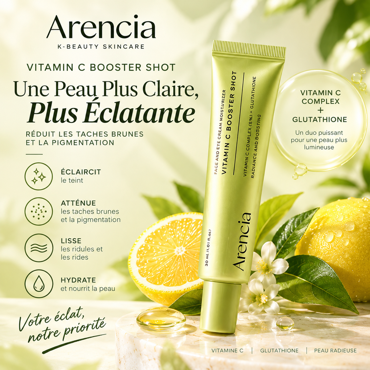 Arencia™ Vitamin C Booster Shot  Sérum Éclat à la Vitamine C pour Atténuer l’Apparence des Taches Brunes, des Pigmentations et des Rides